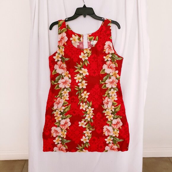 Vintage TY Red Hawaiian Floral Sleeveless Short Dress Made in Hawaii Size L - Picture 1 of 14